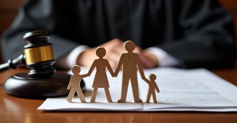 Een rechter achter een bureau met papieren voor zich en een voorzittershamer en 4 houten poppetjes van een gezin